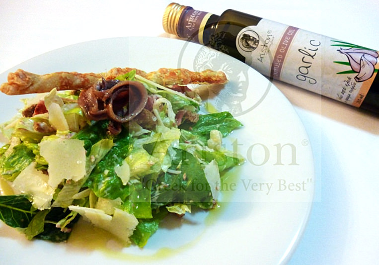 Caesars Salad with sauce and Ariston garlic infused olive oil