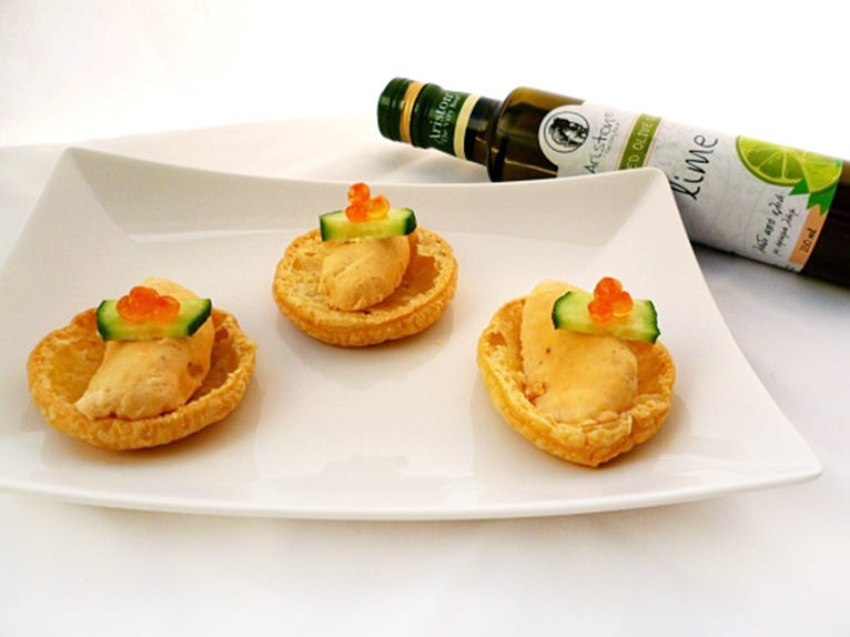 Puff pastry nest with quenelle salmon and lime infused olive oil